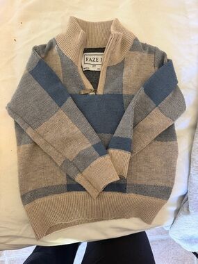 Kids' Quarter-Zip Plaid Sweater - Beige and Blue